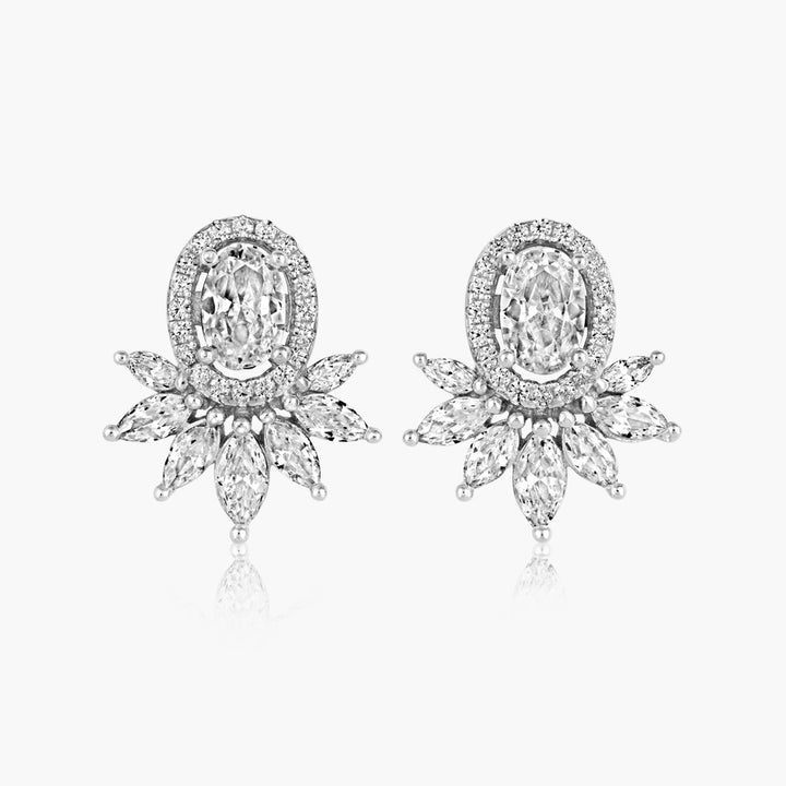 Silver & Cubic Zirconia Oval Halo Stud Earrings