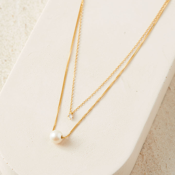 Gold Double Chain Necklace with Pearl and Cubic Zirconia