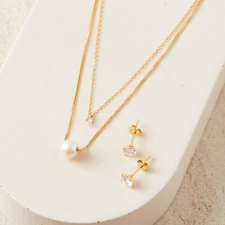 Gold Double Chain Necklace with Pearl and Cubic Zirconia