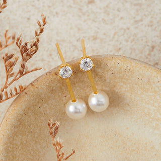 Gold Crystal & Pearl Drop Stud Earrings