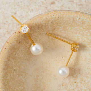 Gold Crystal & Pearl Drop Stud Earrings
