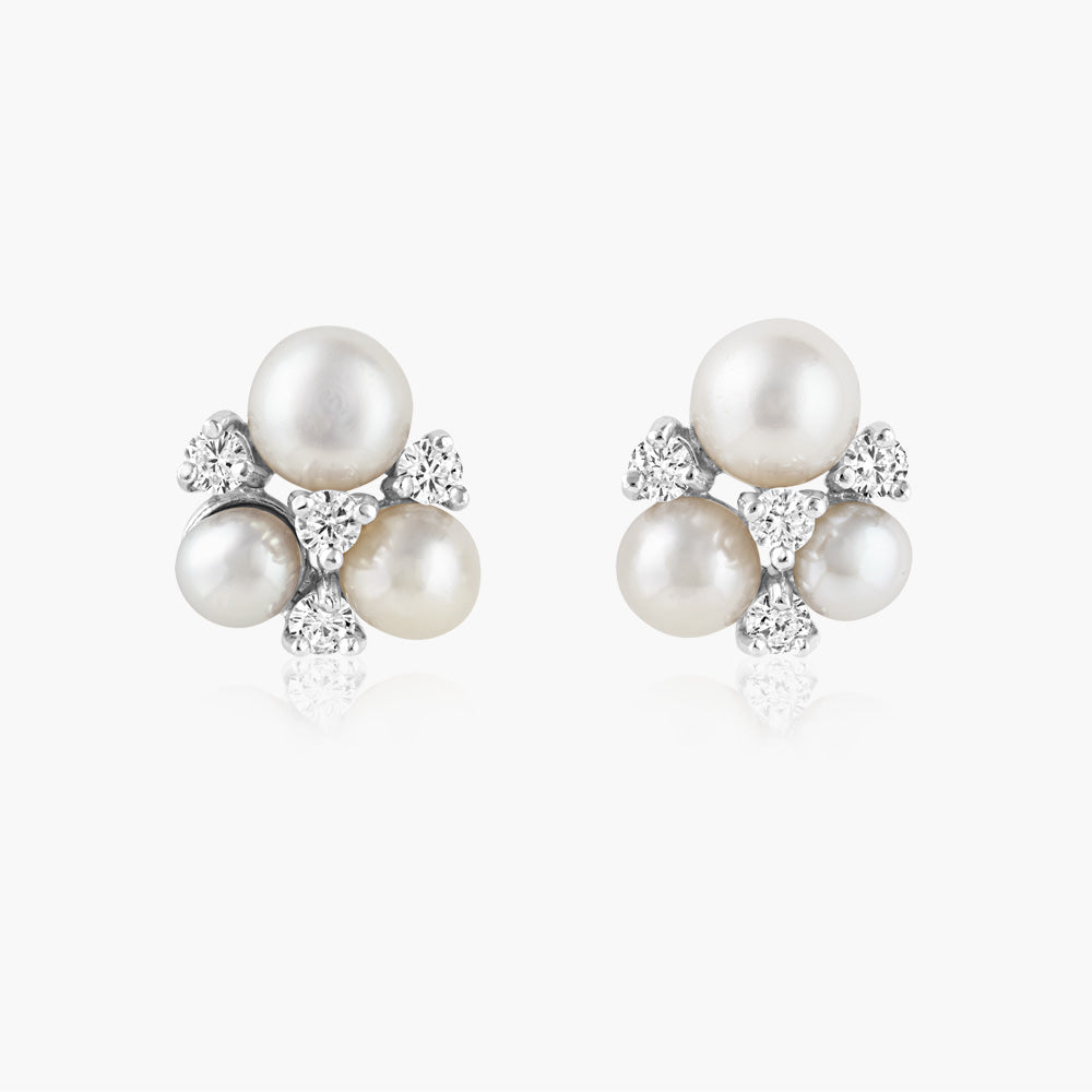 Pearl & Cubic Zirconia Triple Cluster Stud Earrings