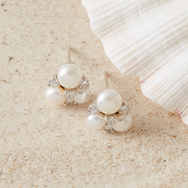 Pearl & Cubic Zirconia Triple Cluster Stud Earrings