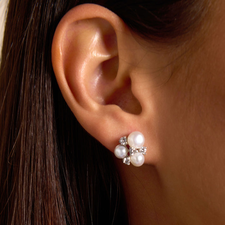 Pearl & Cubic Zirconia Triple Cluster Stud Earrings