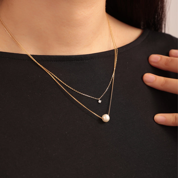 Gold Double Chain Necklace with Pearl and Cubic Zirconia