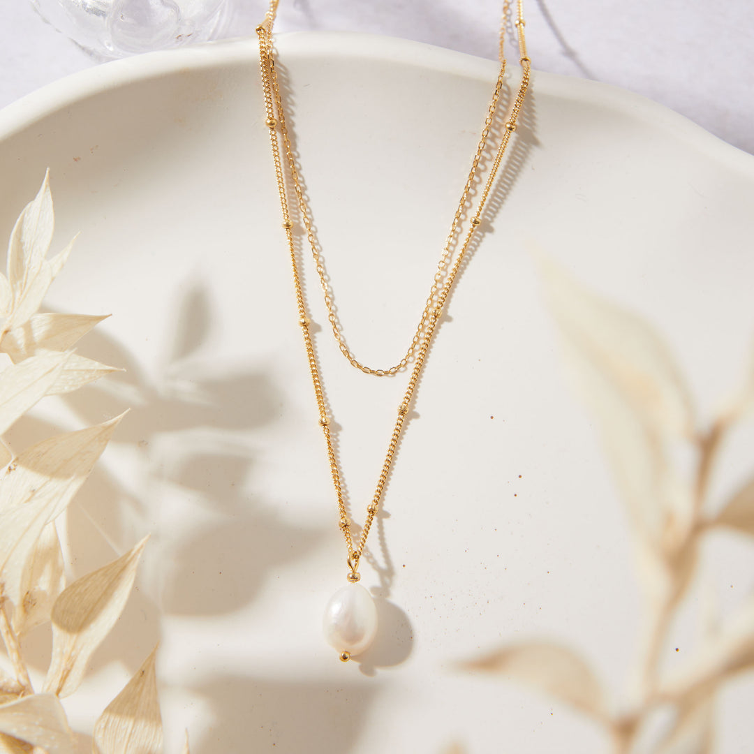 Layered Gold Chain Necklace with Baroque Pearl Pendant